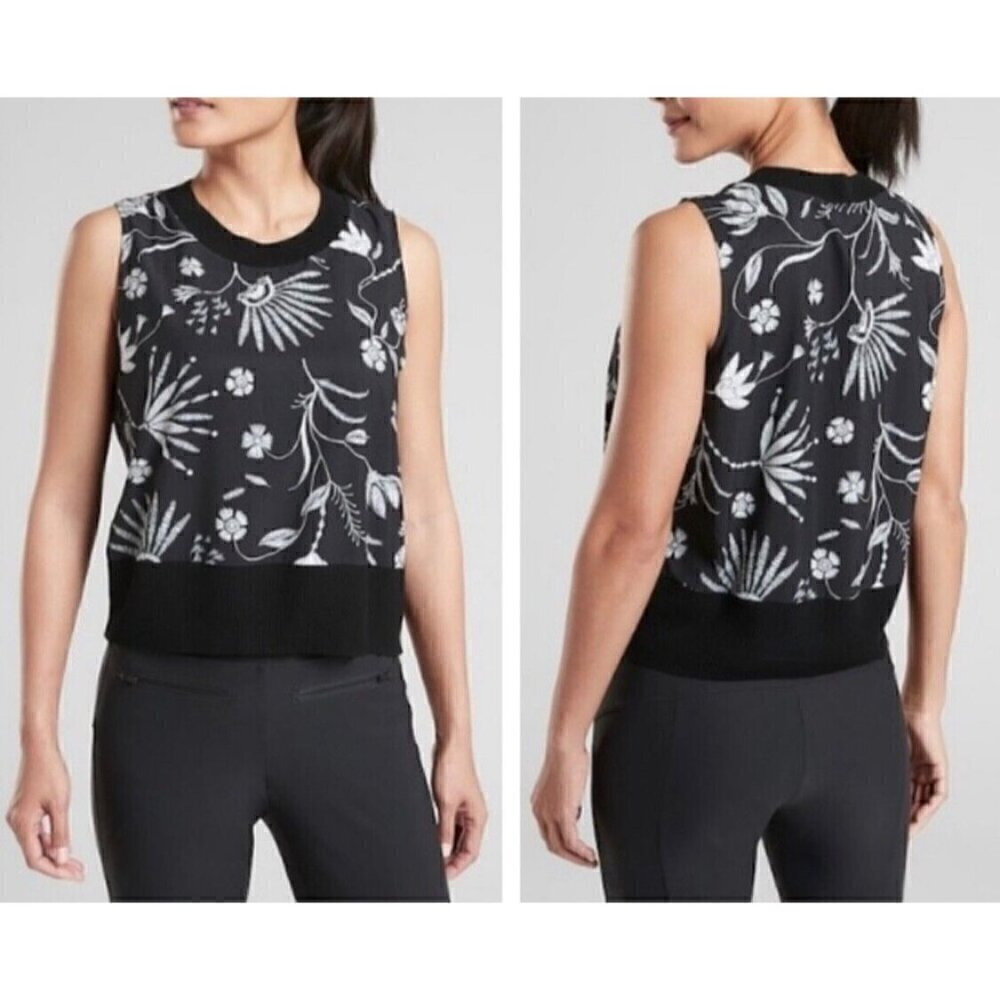 Althleta Sz S Black Floral Print Ribbed Shell Zephyr Tank Top Black UPF 50+